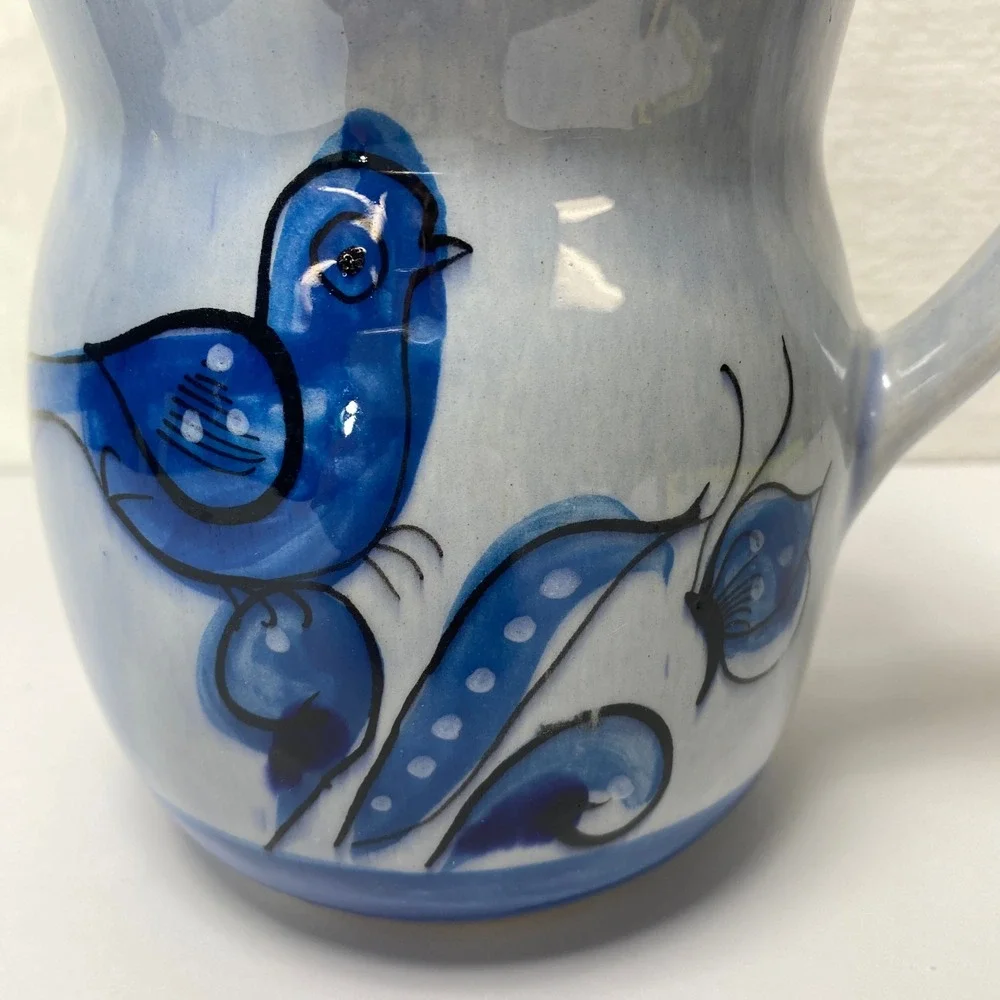 VTG Hand Painted Signed Tonala Mexican Folk Art Ceramic Pitcher Vase Blue Floral